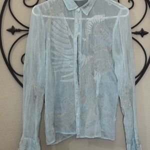 Johnny Was Blue Button Down Shirt with Collared Neckline